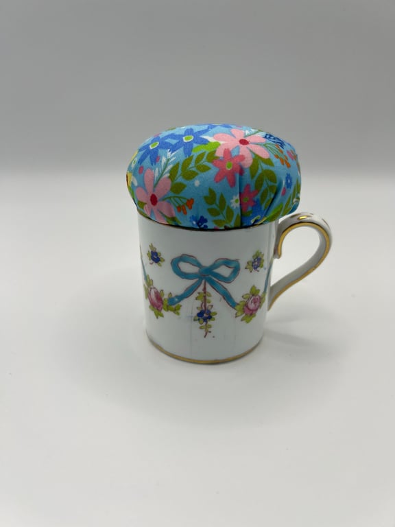 Vintage Upcycled Blue Ribbon Cup Pin Cushion