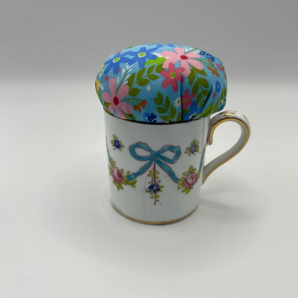 Vintage Upcycled Blue Ribbon Cup Pin Cushion