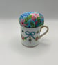 Vintage Upcycled Blue Ribbon Cup Pin Cushion - Staffordshire Bone China - Image 1