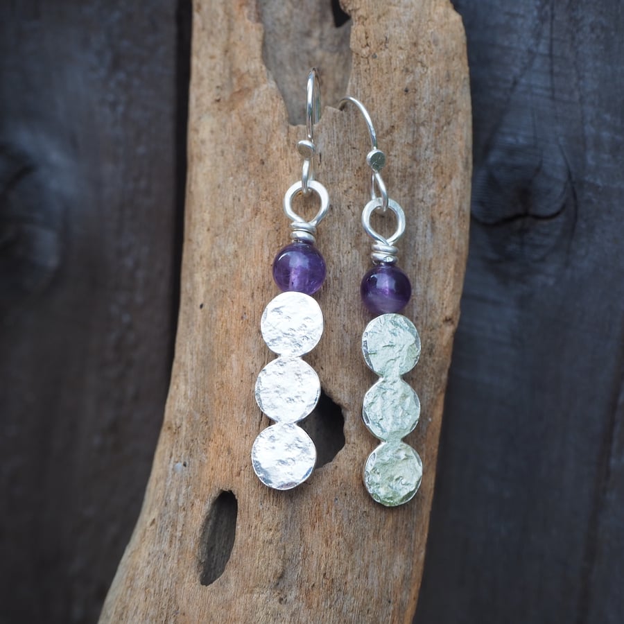 Earrings, Three silver disc and amethyst earrings, handmade jewellery
