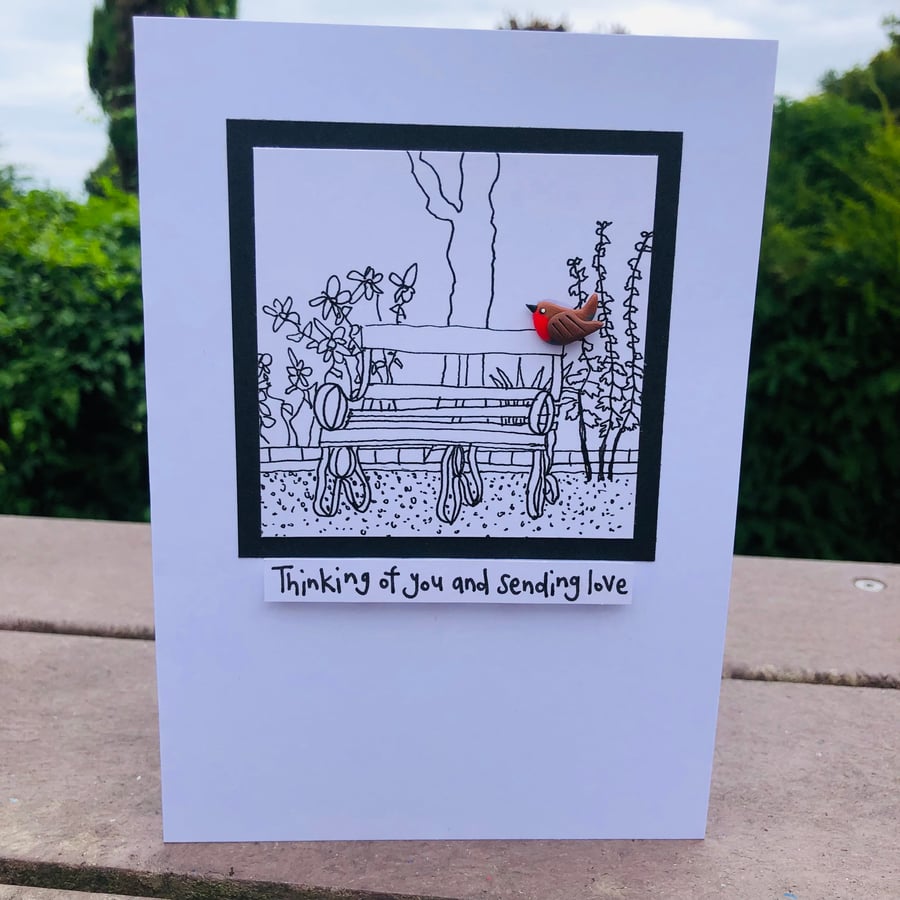 Robin on a garden bench, Thinking of you and sending love card 