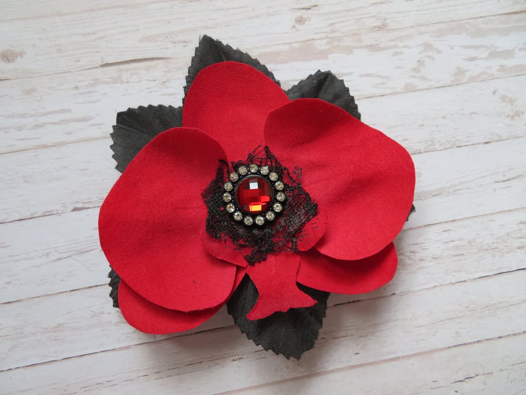 Scarlet Red and Black Orchid Flower Hair Clip Gothic Vintage Rockabilly 