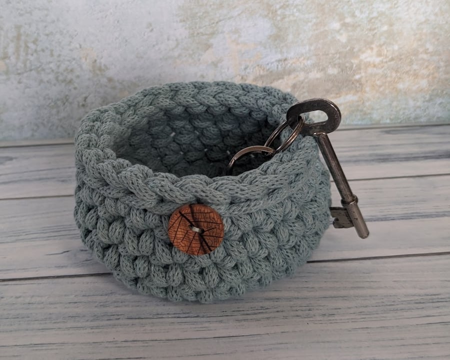 Crochet container, storage pot, bathroom decor, desk tidy, recycled