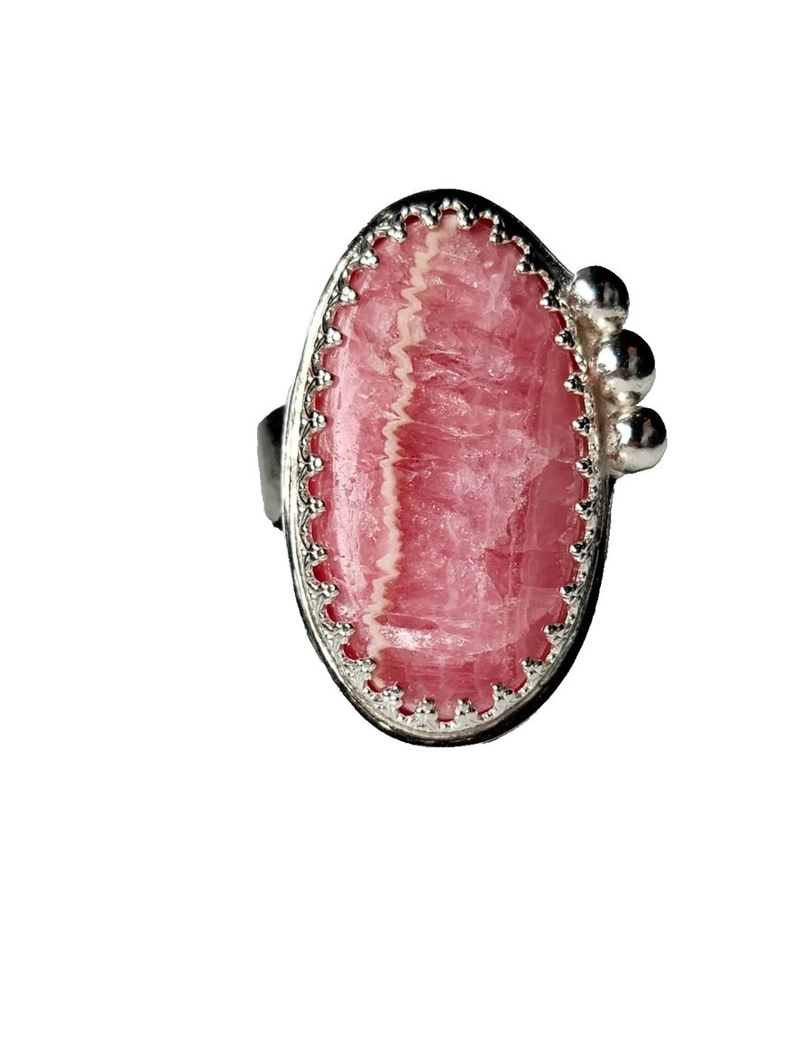 Rhodochrosite Adjustable Ring Sterling Silver Pink Gemstone Oval Jewellery Gift