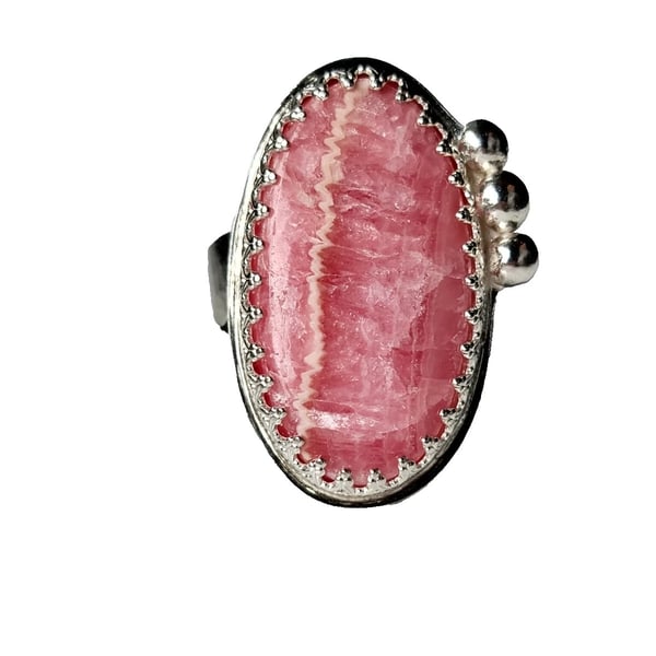 Rhodochrosite Adjustable Ring Sterling Silver Pink Gemstone Oval Jewellery Gift