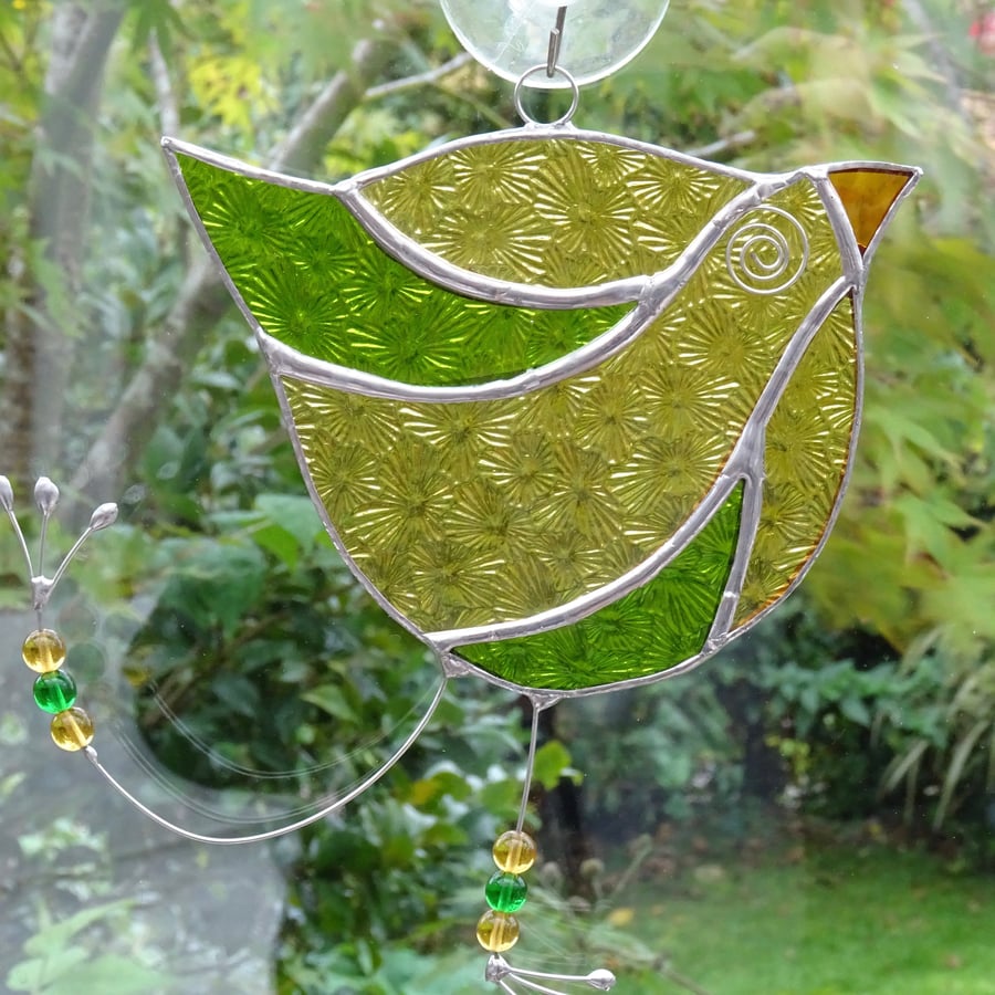 Stained Glass Funky Bird Suncatcher  - Hanging Decoration - Green and Yellow