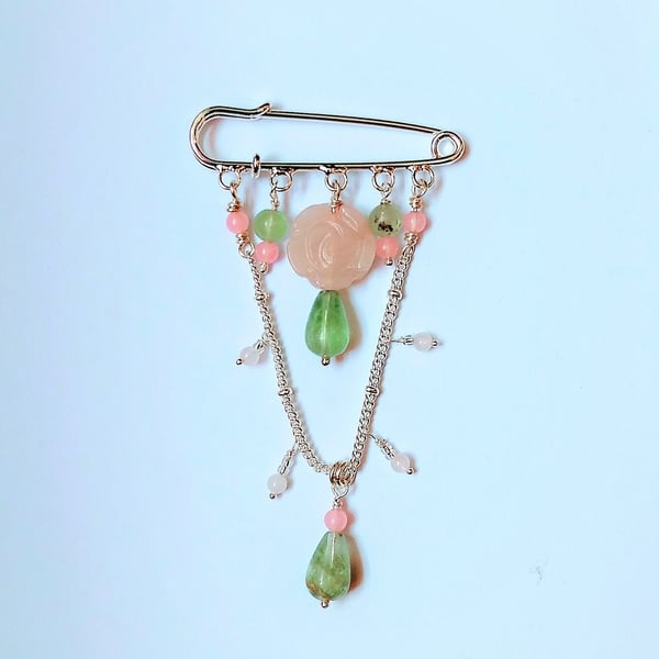 Rose Quartz & Fluorite Floral Silver Kilt Pin Brooch, Gemstone Scarf Pin