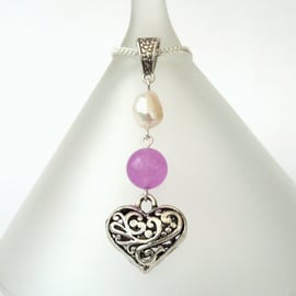 Pearl, jade and heart charm necklace