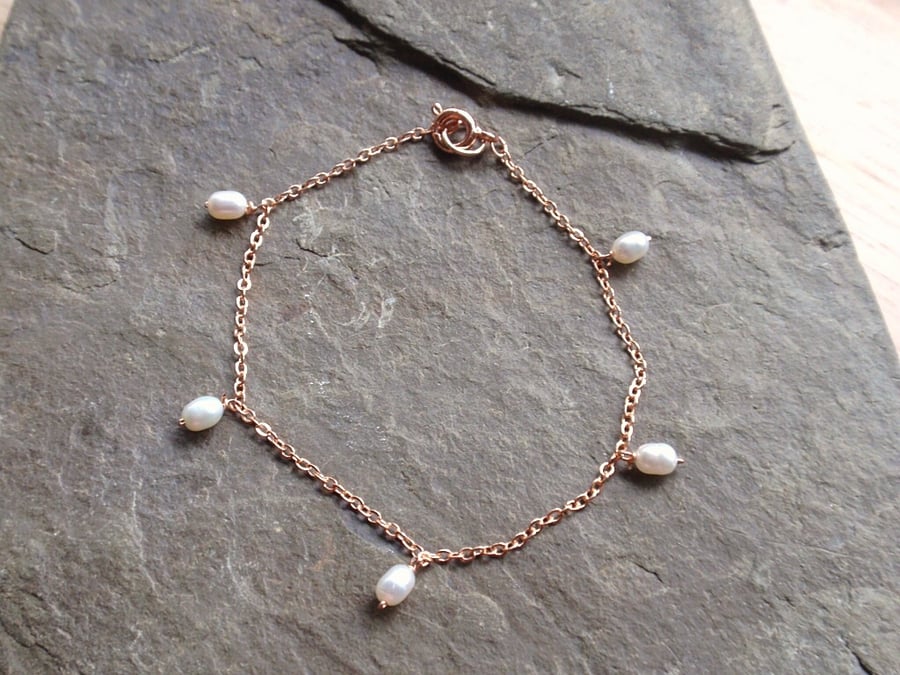 Rose gold plated bracelet with freshwater pearls, lovely bridesmaid gift