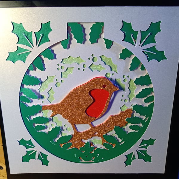 Festive Robin, shadow light box, Night Light Folksy