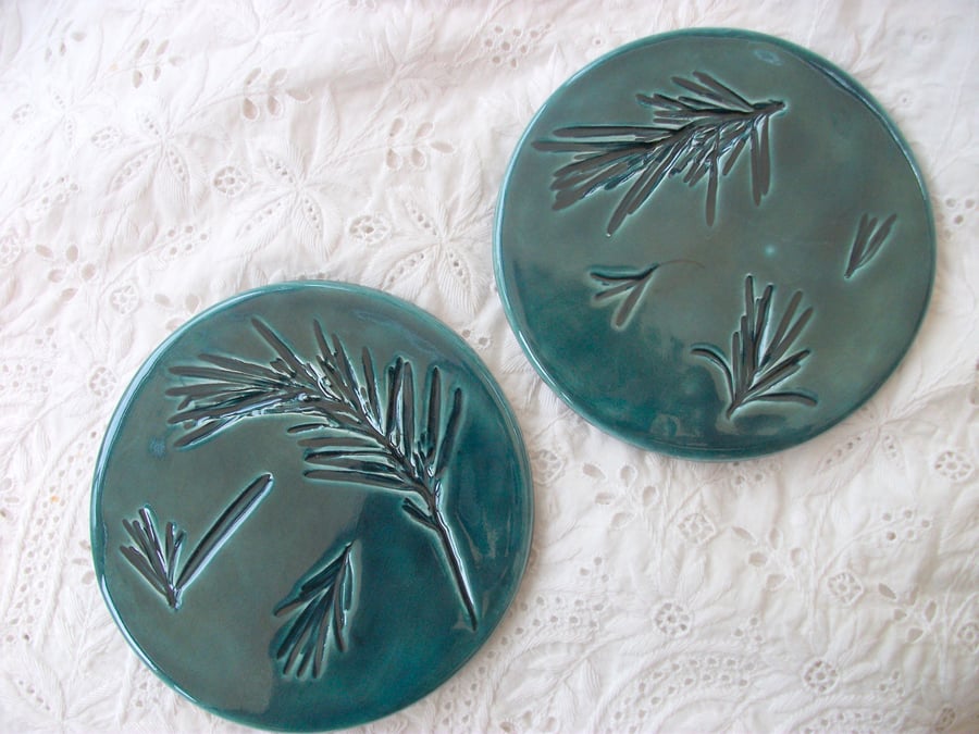2 Round  Peacock Green Ceramic Coasters - Imprinted with Rosemary