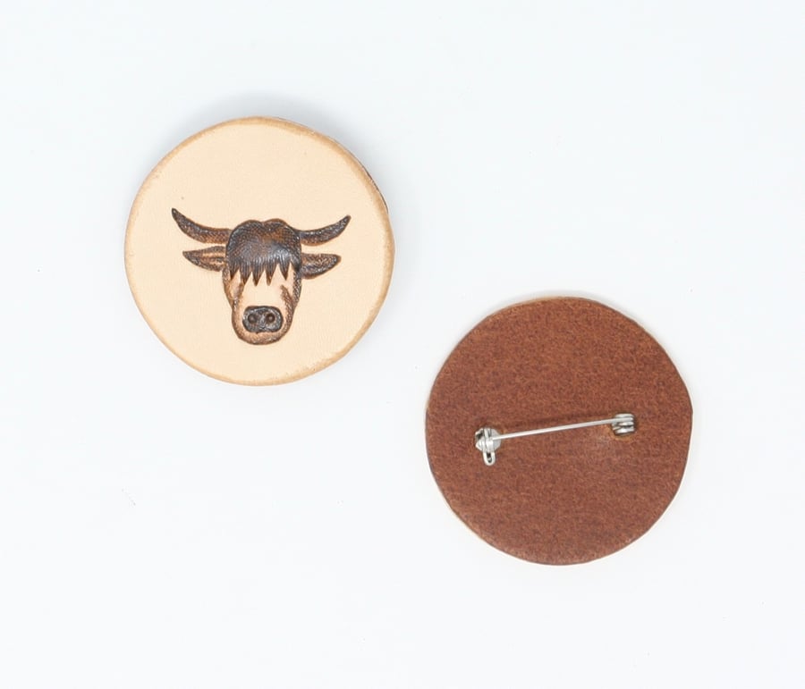 Highland coo leather brooch