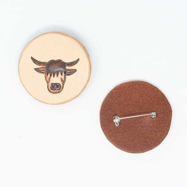 Highland coo leather brooch