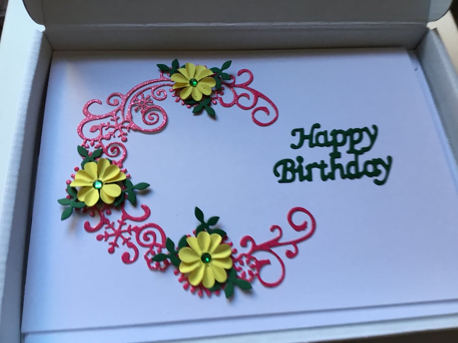 Handmade Birthday card. Boxed card. Handmade flowers. CC681