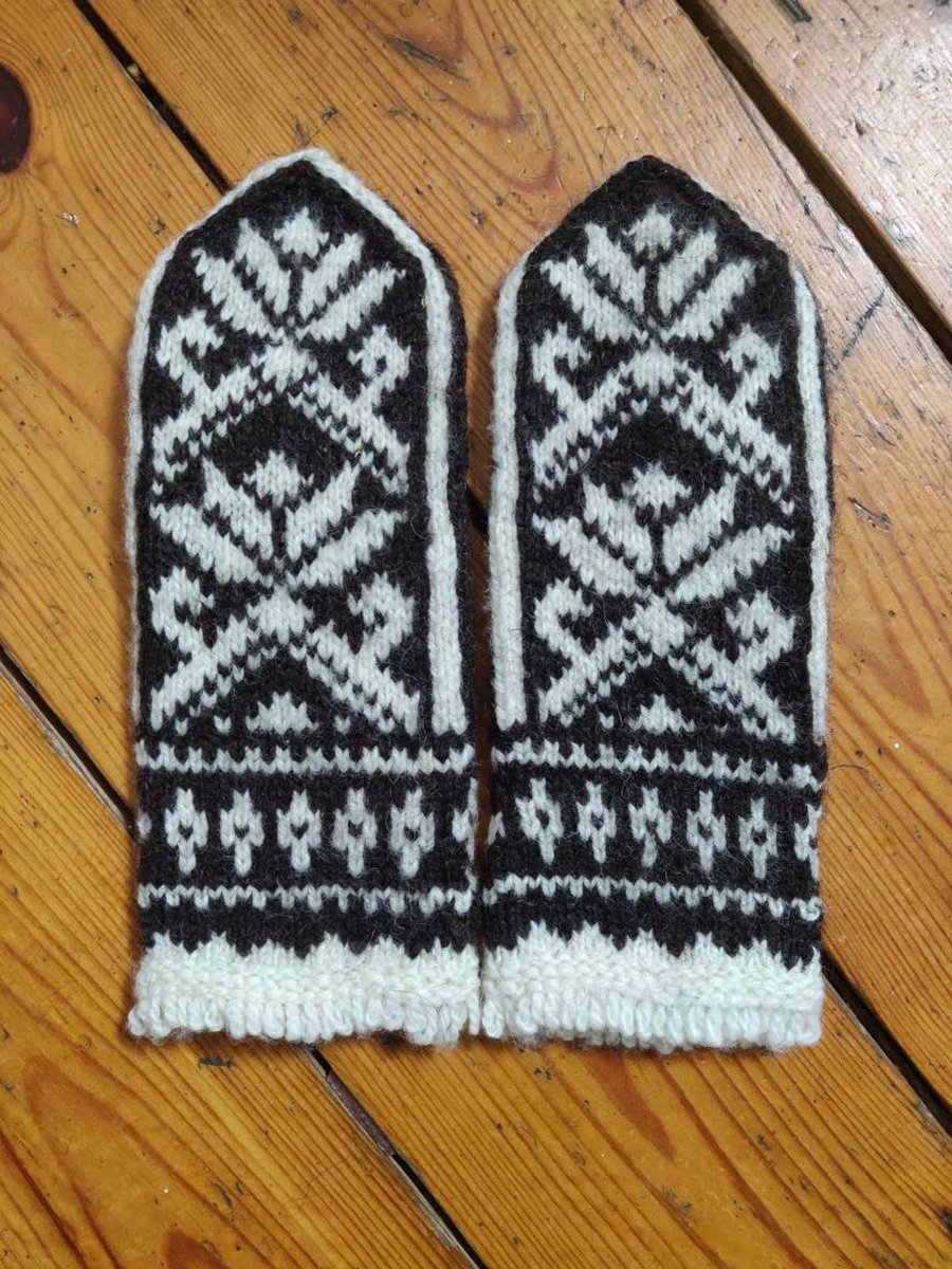 Hand knit dark brown white wool socks traditional fairisle autumn winter nordic 