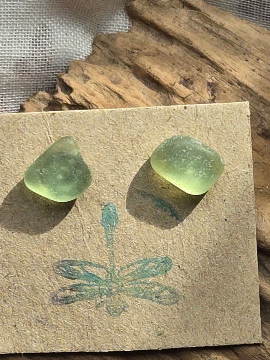 Sea glass light green stud earrings, small green stud earrings, 