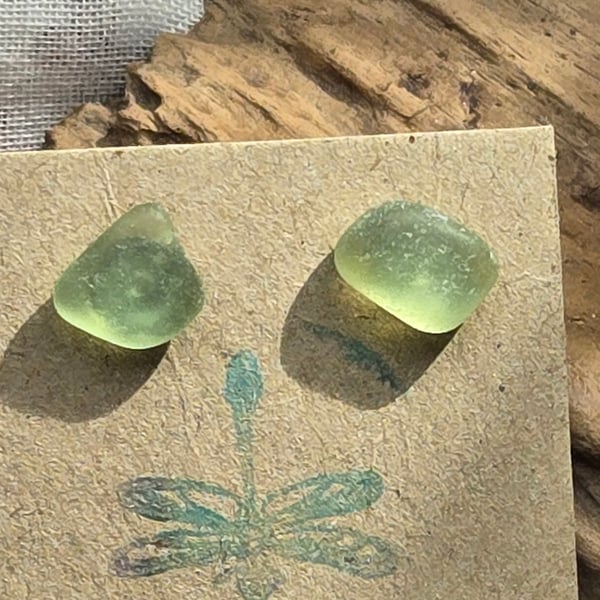 Sea glass light green stud earrings, small green stud earrings, 
