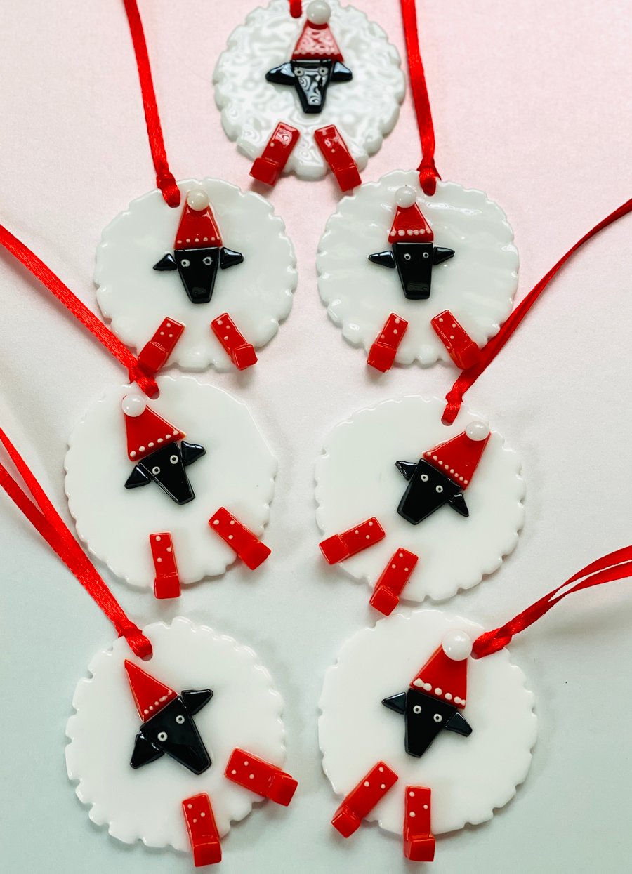 Fused glass sheep Christmas decorations 