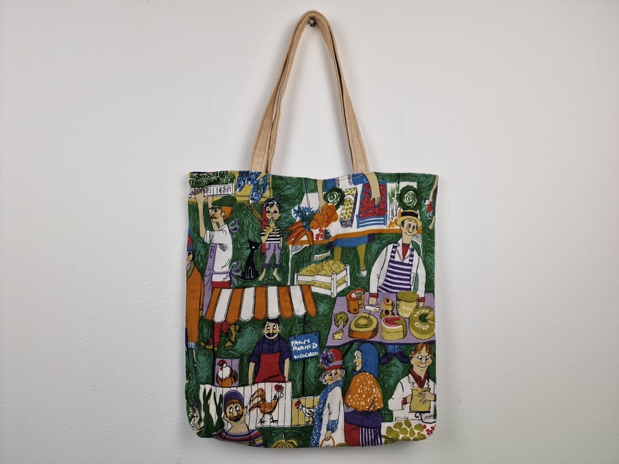 Vintage 1950s Marie Becker "Bon Marché" Moygashel fabric print shoulder tote bag