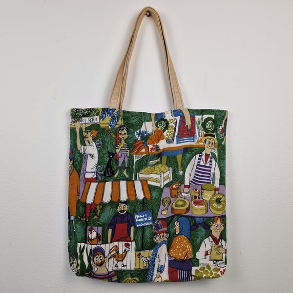 Vintage 1950s Marie Becker "Bon Marché" Moygashel fabric print shoulder tote bag
