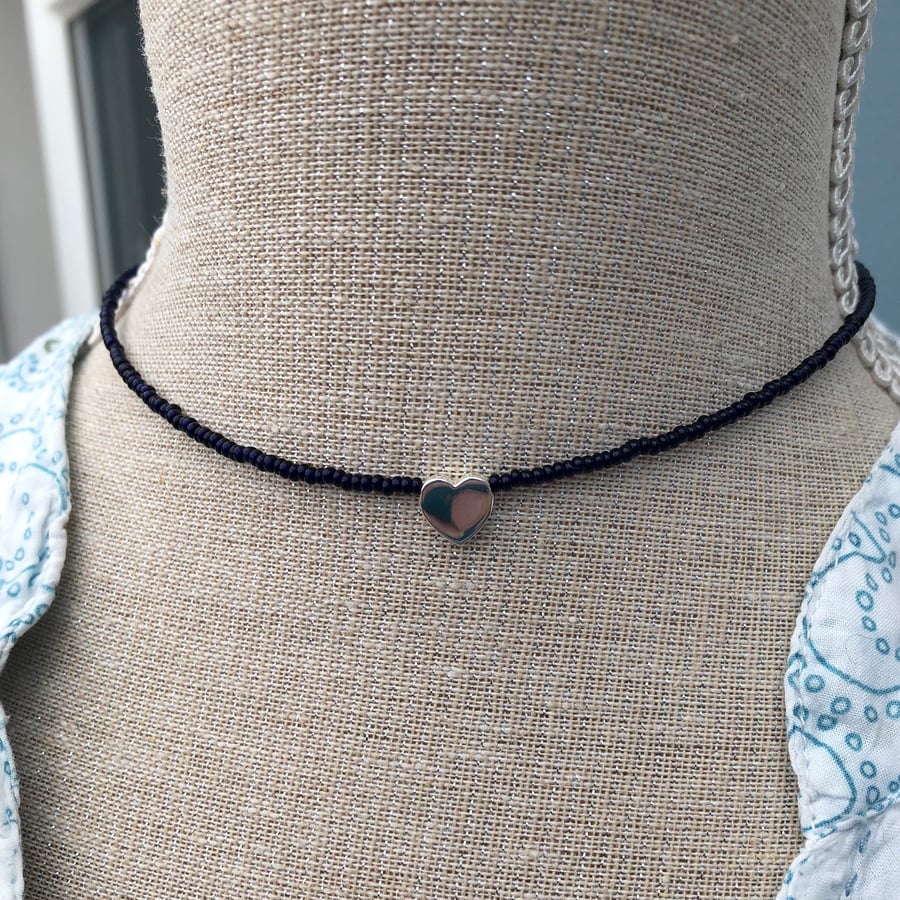 Navy blue seed bead choker with sterling silver heart.