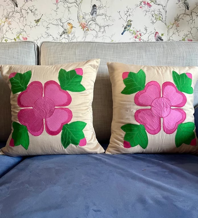 Handmade Cushion Covers Silk and Cotton Mix Envelope Style Appliqué Patchwork