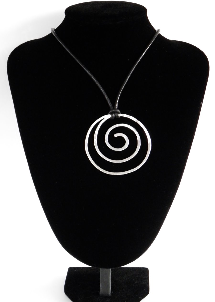 Large Handcrafted Spiral on Leather, Sterling Silver Statement 