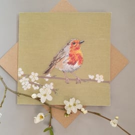 Robin on blossom branch card, blank cards, thinking of you, garden bird, Spring