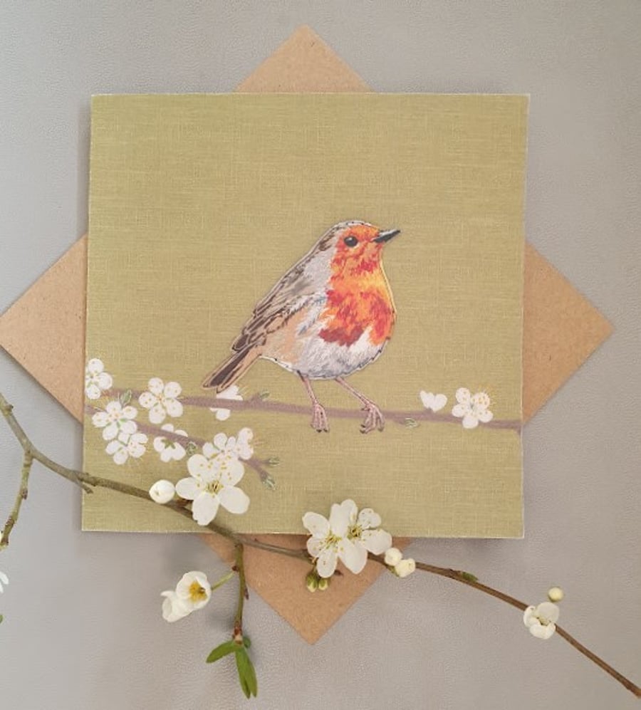 Robin on blossom branch card, blank cards, thinking of you, garden bird, Spring