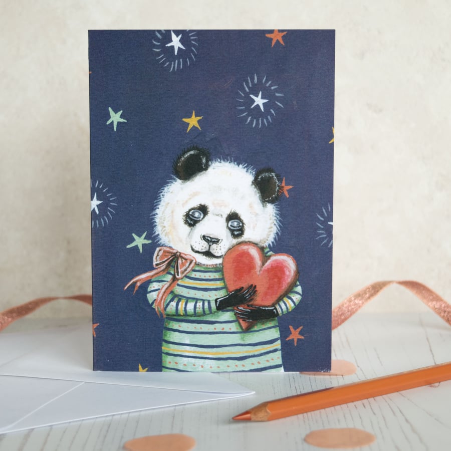 Panda bear illustrated A6 greeting card. Blank inside. Birthday, love, thank you