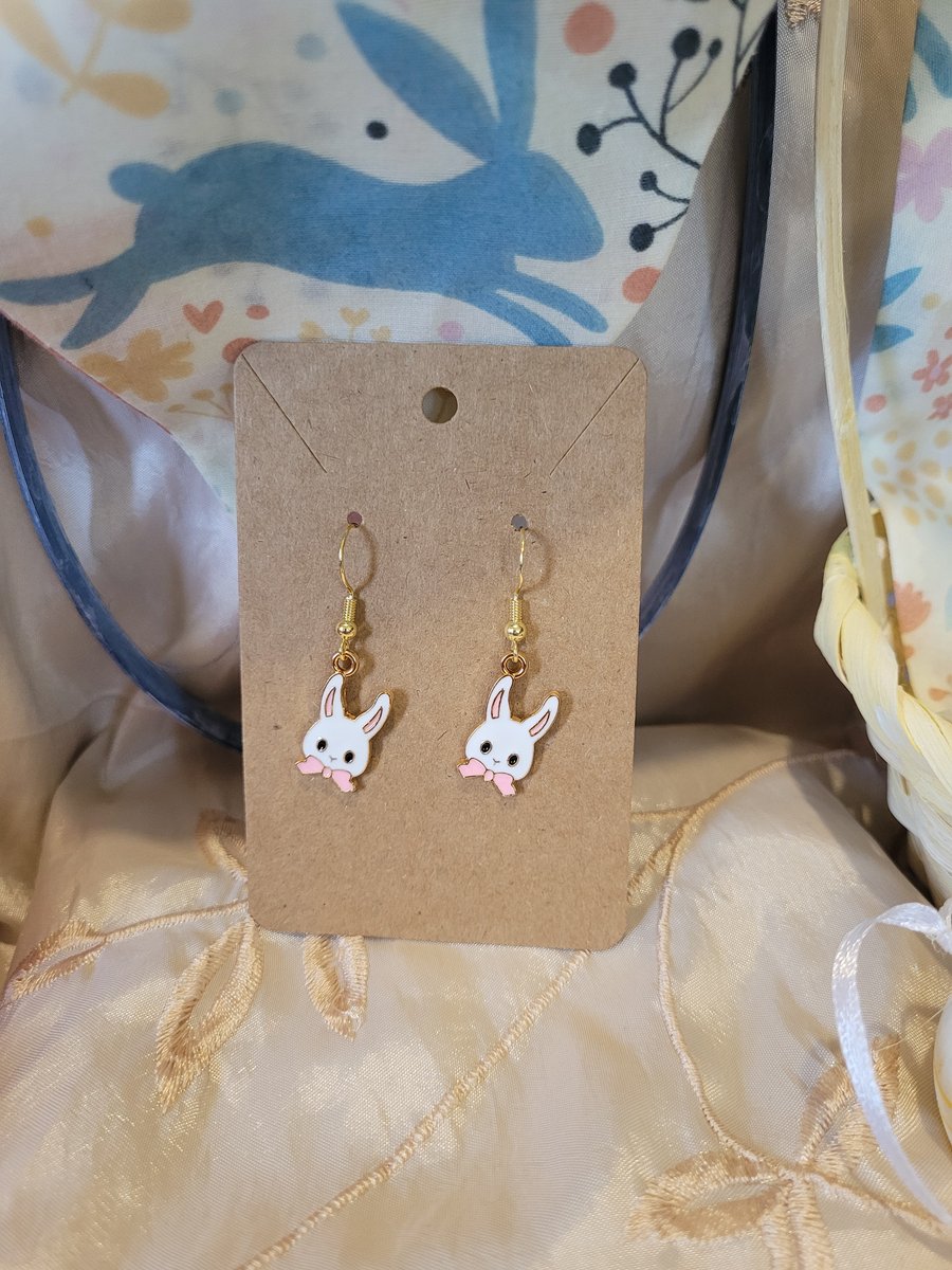 Gold Enamel Easter Earrings - Pink Bunnies