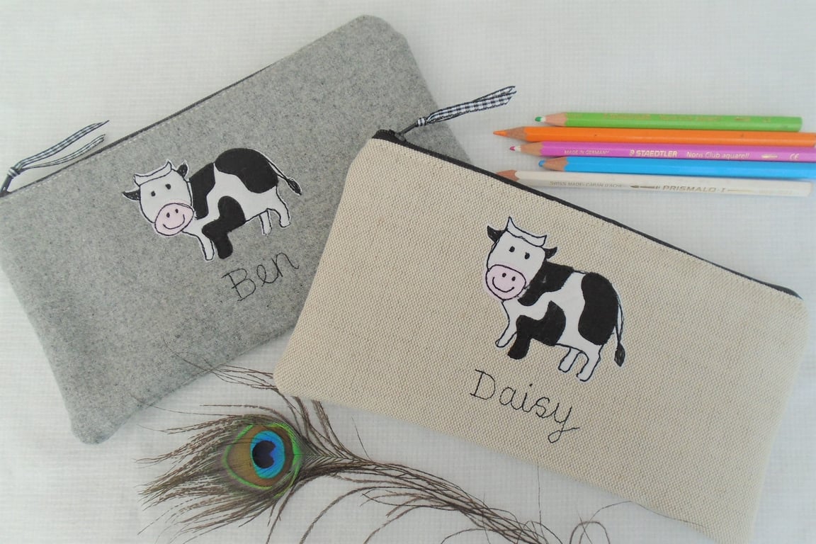 Personalised Cow Pencil Case - Custom Pen Pouch on Grey wool or Oatmeal Linen