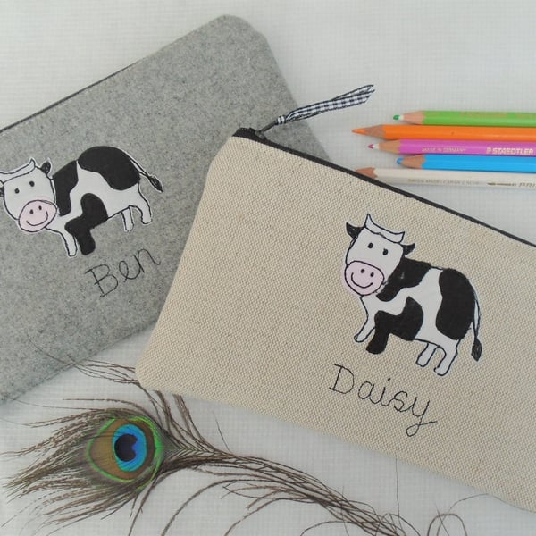 Personalised Cow Pencil Case - Custom Pen Pouch on Grey wool or Oatmeal Linen
