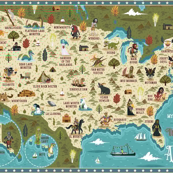 Illustrated Map, Mythical Beasts of the United States of America, A3 Art print -