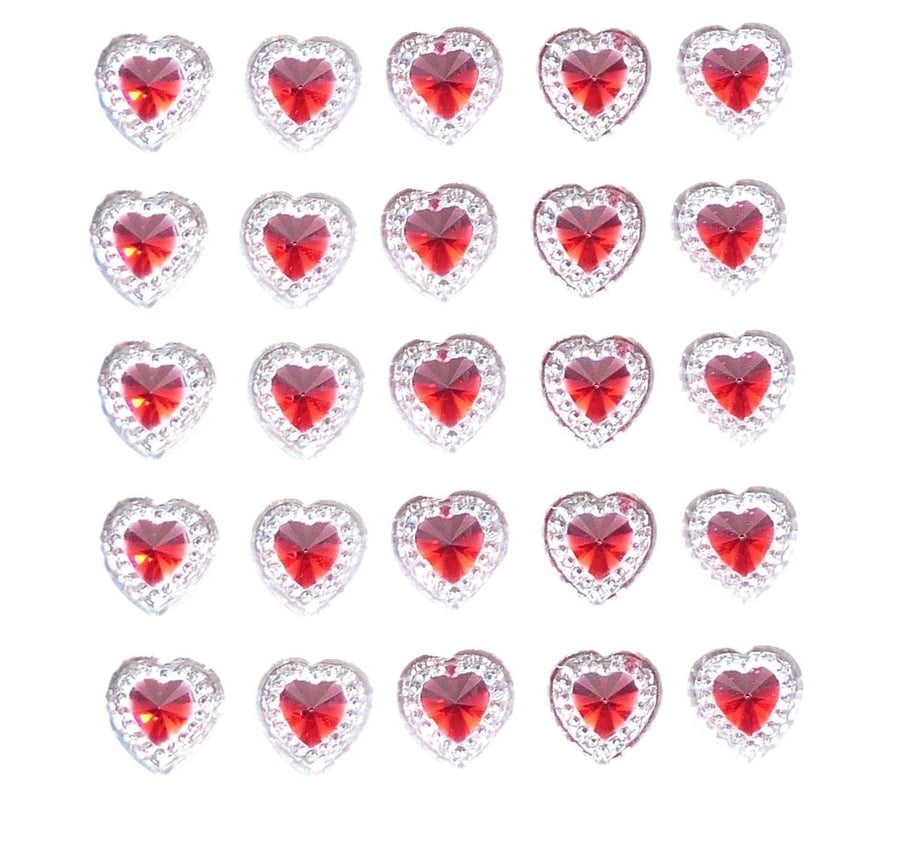 80 x Self Adhesive Clear Heart Gems With Red Center Rhinestone Acrylic Crystals 