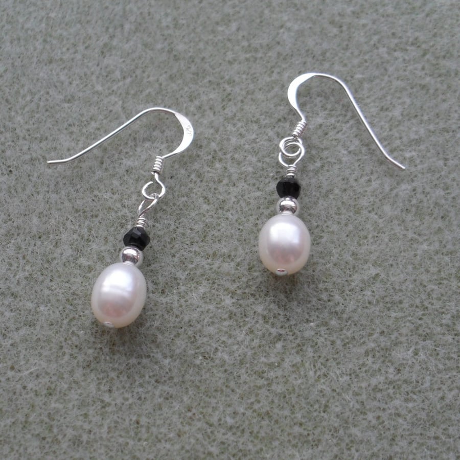 Freshwater Pearl and Black Spinel Sterling Silver Earrings