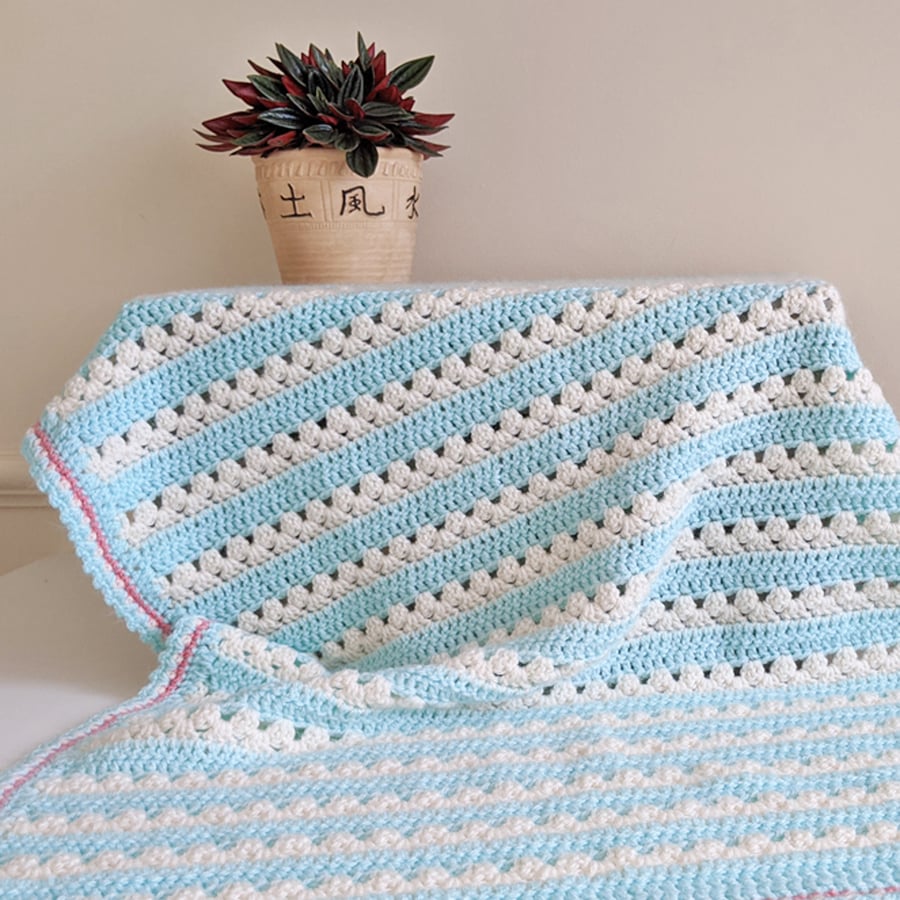 Baby Blanket - Traditional Granny Stripe - Cream & Mint - 77cm x 58cm