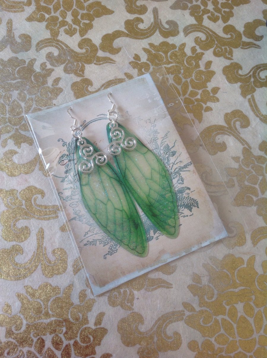 Green Triskelion Iridescent Fairy Wing Sterling Silver Earrings