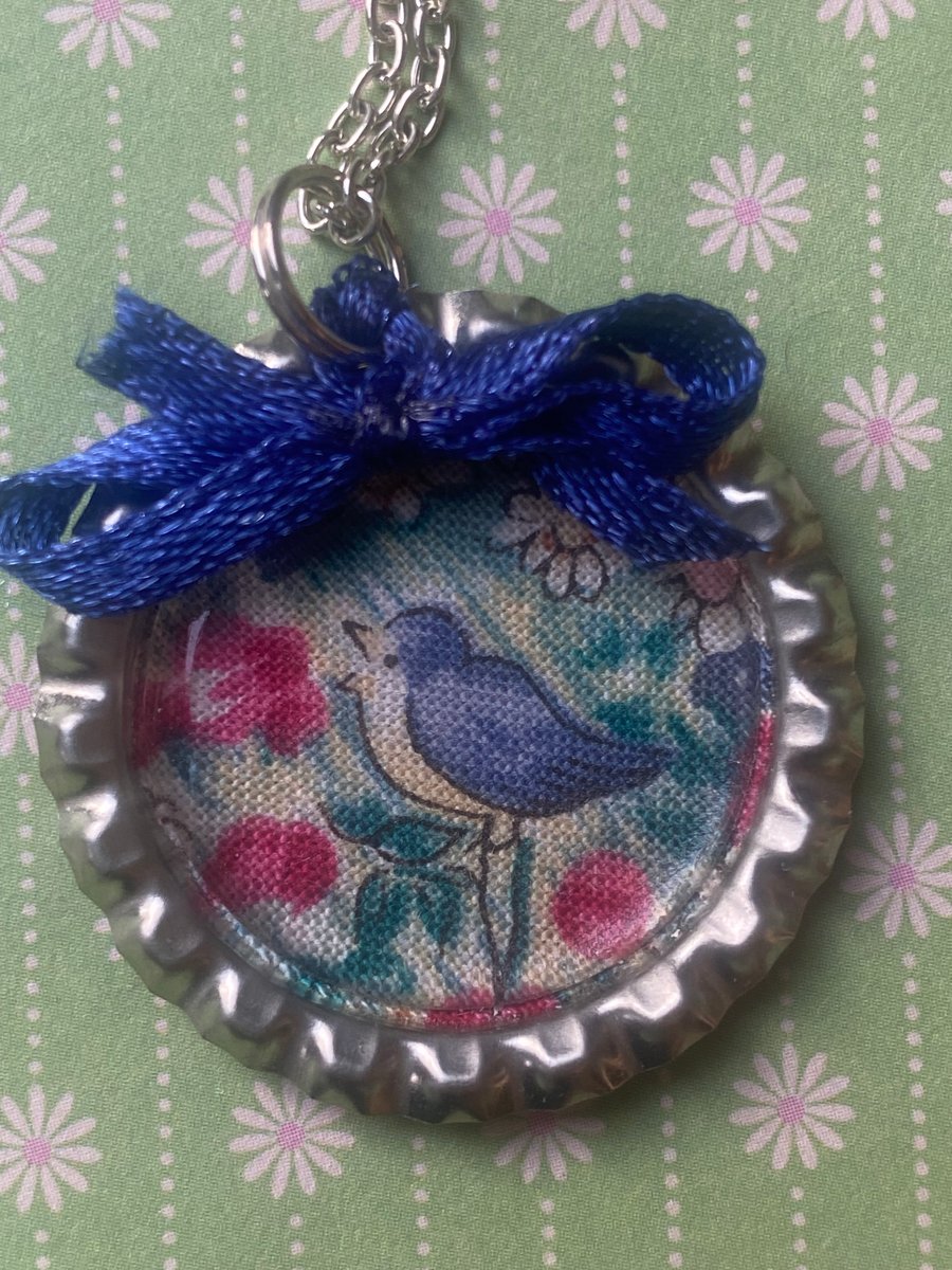 Blue Bird Bottle Cap Necklace silver plated