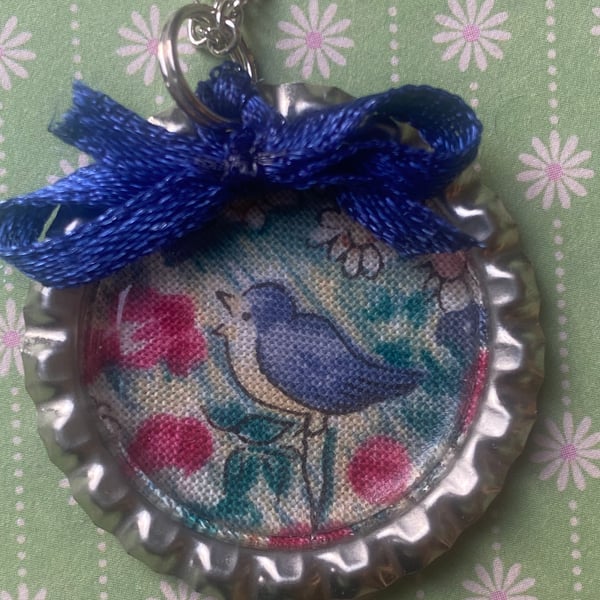 Blue Bird Bottle Cap Necklace silver plated