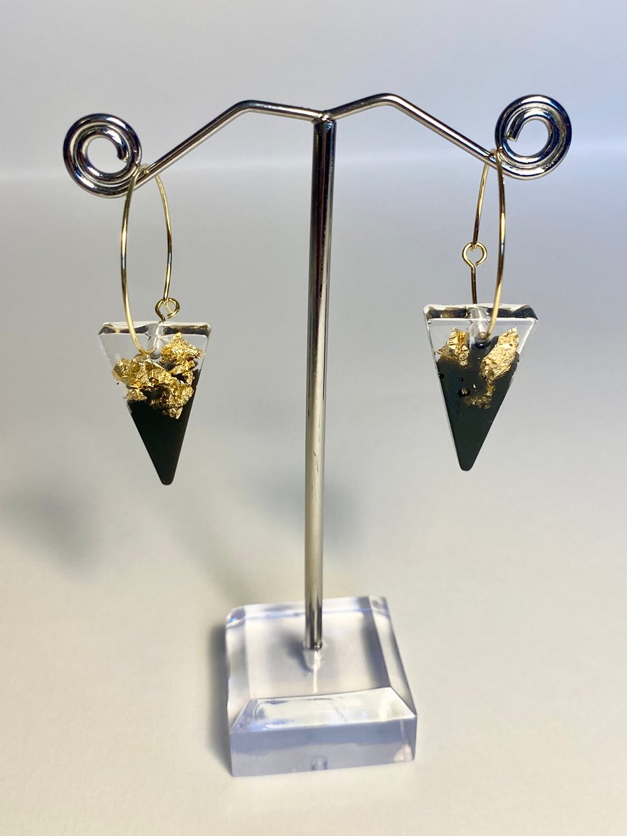 Handmade black resin and gold flake triangle hoop earrings