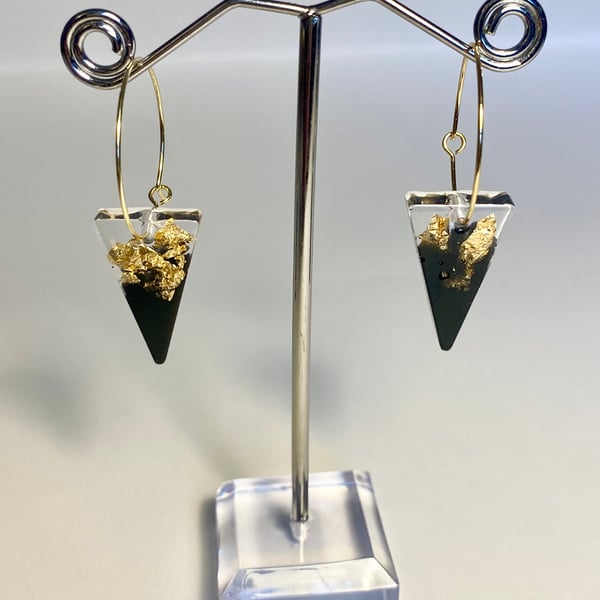 Handmade black resin and gold flake triangle hoop earrings