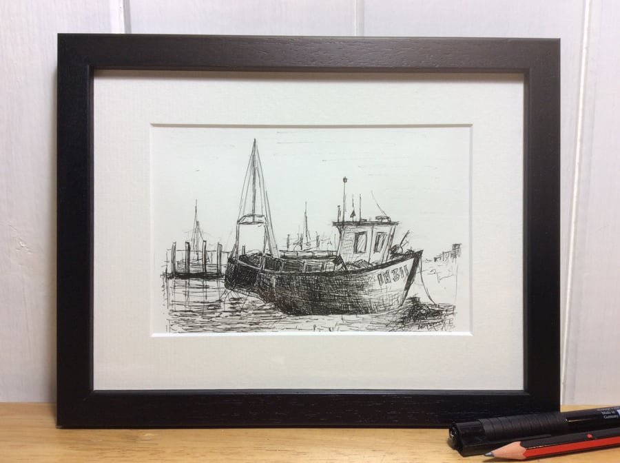 In the harbour. Original pen and ink. Fishing boat. Sea. Coast