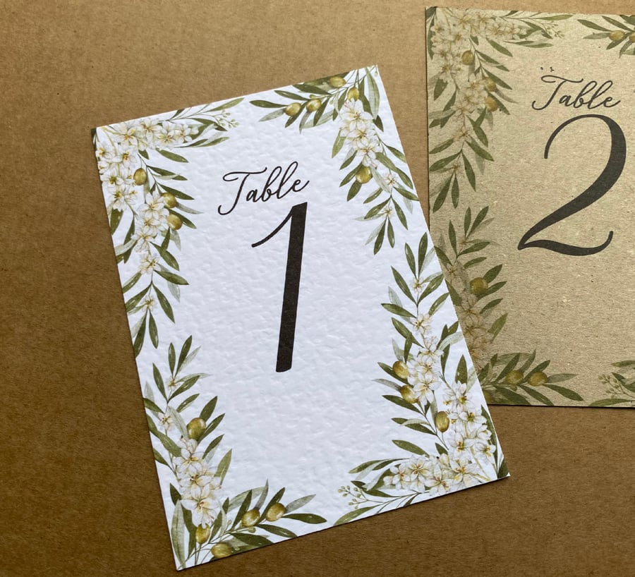 Olives branches, leaves frame TABLE NUMBERS greenery foliage rustic A6 card