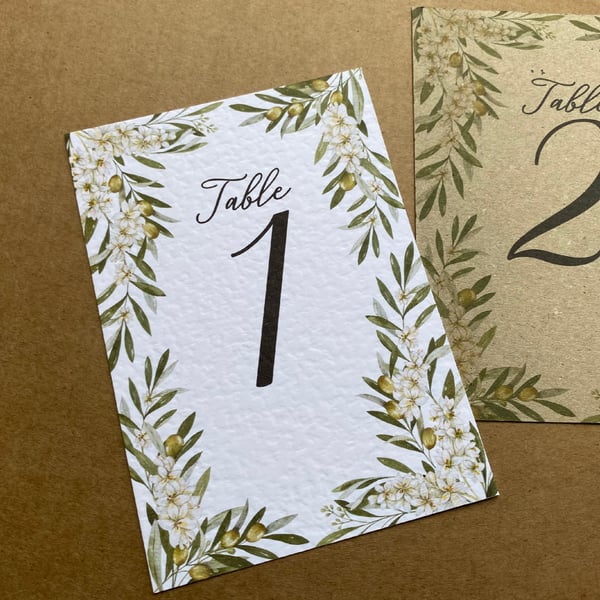 Olives branches, leaves frame TABLE NUMBERS greenery foliage rustic A6 card