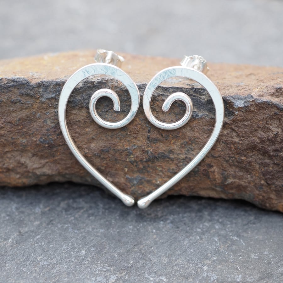 Silver Spiral Earring Studs 'Forever in my Heart’, forged silver spiral studs
