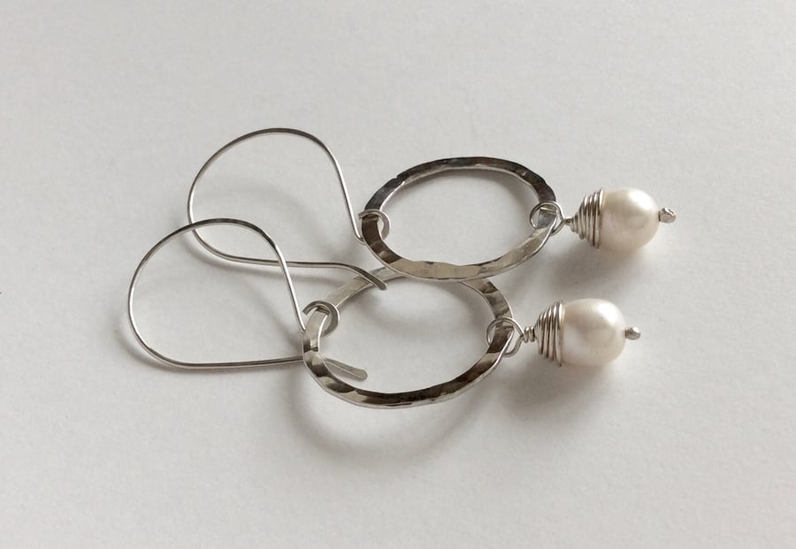 Large Pearl & Silver Hoop Earrings