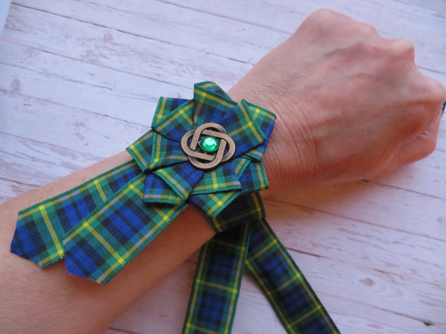 Gordon Tartan Ruffle Rosette Celtic Green Wrist Corsage Prom Ceilidh
