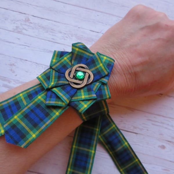 Gordon Tartan Ruffle Rosette Celtic Green Wrist Corsage Prom Ceilidh