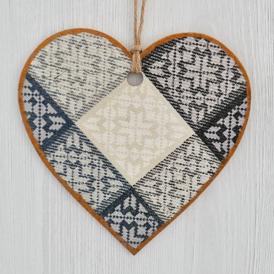 Decoupaged Wooden Hanging Heart: Grey Diamond design 6” (15cm)